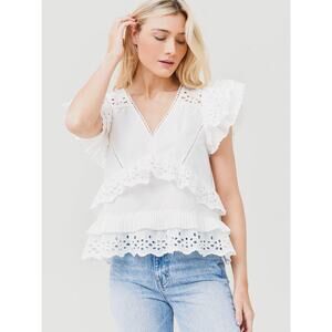 Hunter Bell Carlton Eyelet V-Neck Double Ruffle Sleeve Top White Size Medium